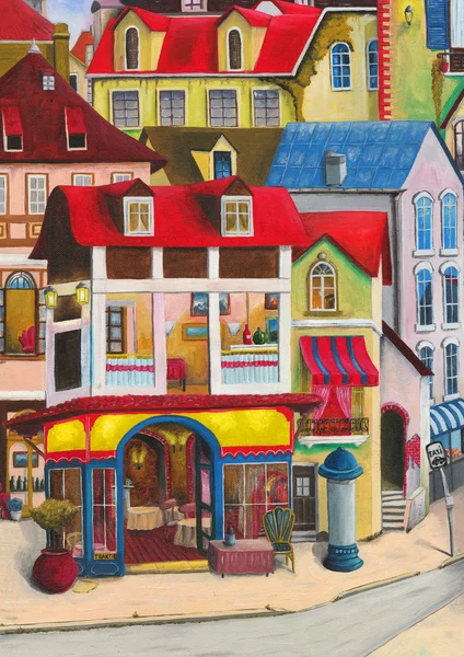 Oil painting. The facade of the buildings. Cozy streets, small houses. Vivid picture. — Stock Photo, Image