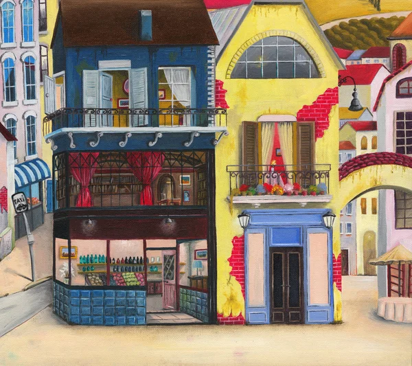 Pintura a óleo. A fachada dos edifícios. Ruas acolhedoras, casas pequenas. Imagem vívida . — Fotografia de Stock