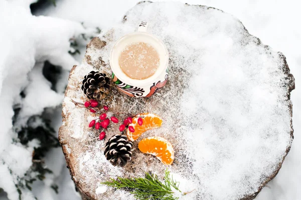 Schöne Winterkarte Mit Honig Und Tannenzapfen Berberitze Schnee Gemütliche Bilder Stockbild