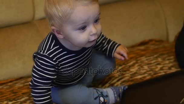 Cute 9-10 months old boy watching animated video on pc — Stock Video