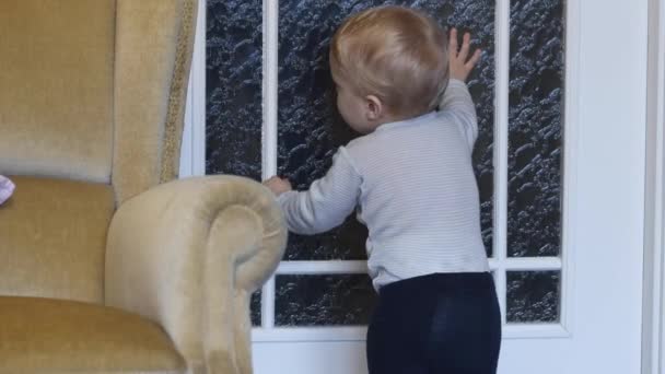 Rolig Ständiga Söt Spädbarn Öppnar Dörren Och Kryper Bort — Stockvideo