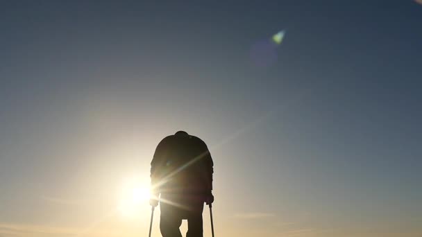 Disabled Man Crutches Slow Motion Silhouette — Stock Video