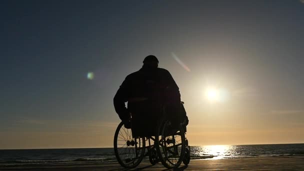 Gehandicapte Man Rolstoel Motie Aan Zee Kant Silhouet Slowmotion — Stockvideo