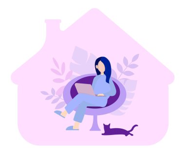 Cat 'le Merkez Ofis' te çalışan bir kadın. Karakter Masa Odasında Oturuyor, İçişleri Bakanlığı Konsepti. Düz Vektör İllüstrasyonu. Evde kal. mavi ve pembe gölgeler