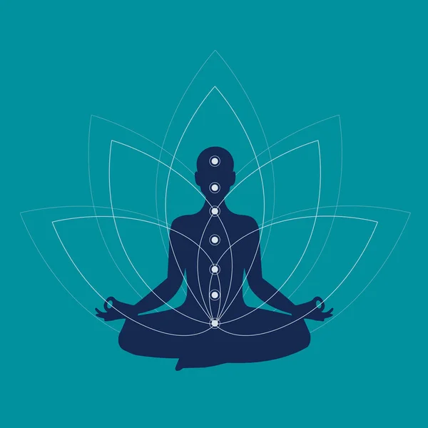 Nilüfer Çiçeği Arkaplanında Meditasyon Yapan Yoga Yapan Bir Adam Lotus — Stok Vektör