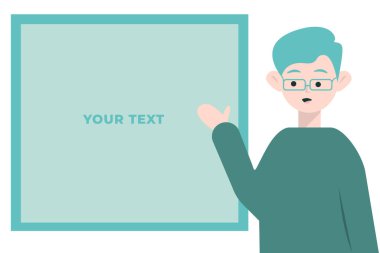 Öğretmen tahtaya işaret ediyor, erkek karakter eğitimi veriyor. Üniversite ya da üniversite öğretmeni ya da konuyu açıklayan eğitmen. Öğretici ya da profesör, düz stilde vektör
