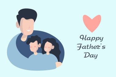 Babalar günün kutlu olsun. Babam bir erkek ve bir kızın çocuklarını omuzlarında kucaklıyor. Tebrik kartı. İzole edilmiş arka plan. Düz vektör illüstratörü kavramı.