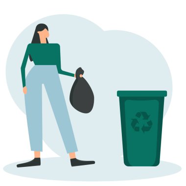 Kadın çöpü geri dönüşüm sembolüyle yeşil çöp kutusuna atıyor. Arkaplandan vektör illüstrasyonu