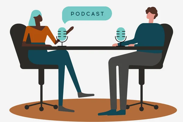 Podcast in the studio. flat vector illustration. A man and a woman are talking in microphones. Mass media