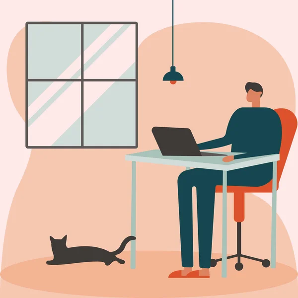 사무실에서 고양이와 일하는 일러스트레이션 — 스톡 벡터