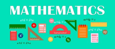 Matematik kelimesi afişi kavramsallaştırır. Sunum, web sitesi. Doğrusal simgelerle tipografi fikri. Vektör illüstrasyonu