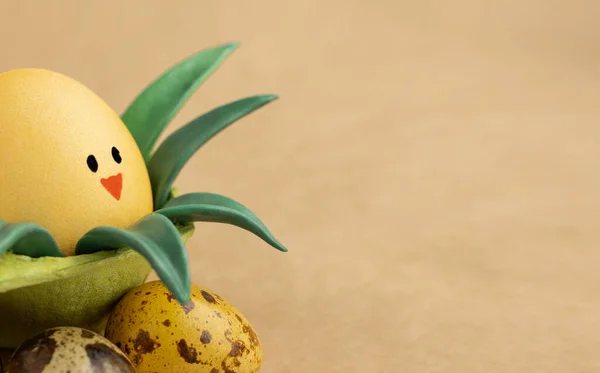 El yapımı Paskalya süslemesi yeşil çimlerde sarı tavuk