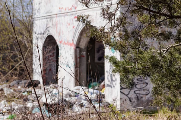 Camsız terk edilmiş bir ev, etrafta bir yığın çöp. ön planda dallar ve çam ağaçlarında