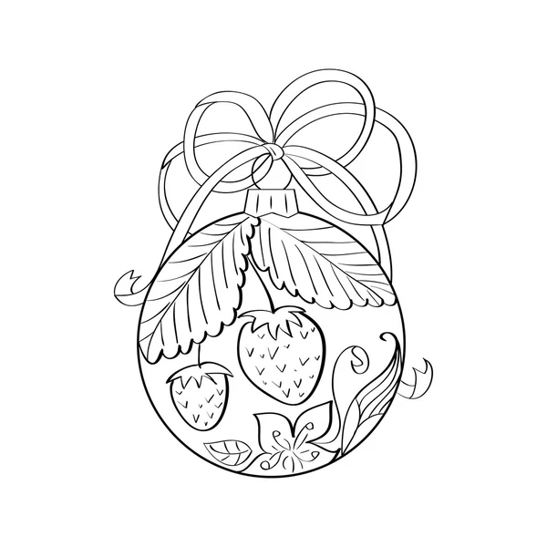 Διάνυσμα Χριστουγεννιάτικη μπάλα με καλοκαίρι στολίδι μέσα - φράουλα και λουλούδια. Χρωματισμός σελίδα για ενήλικες. Zentangle στοιχείο για το σχεδιασμό — Διανυσματικό Αρχείο