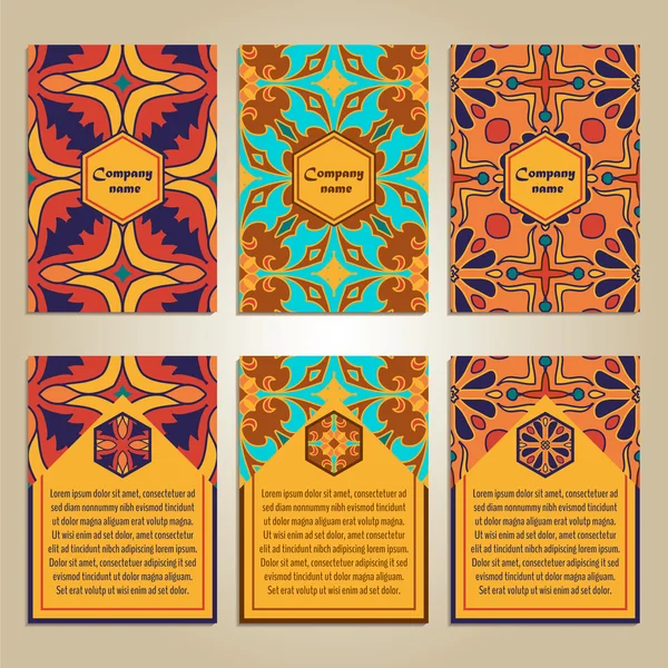 Vector set of colorful brochure templates for business and invitation. Portuguese, Moroccan; Arabic; asian ornaments — Stock Vector