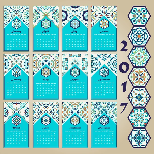 Vektor naptár 2017. Portugál, Azulejo, marokkói; Spanyol; Arab; ázsiai díszek — Stock Vector