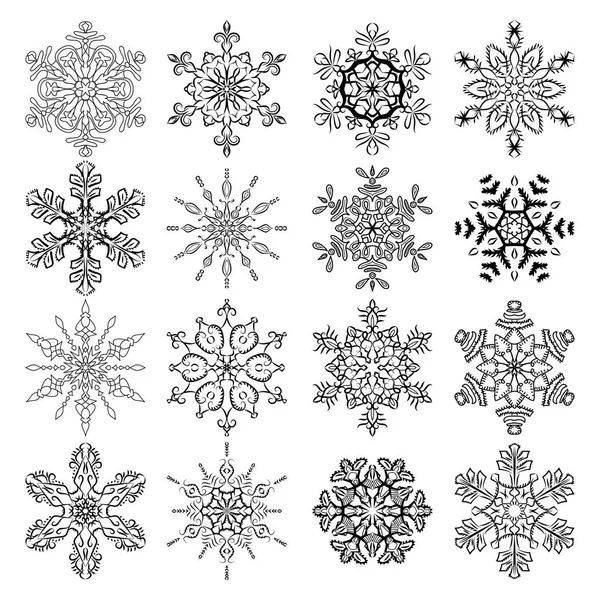 Ensemble vectoriel de flocons de neige stylisés. Collection d'éléments décoratifs isolés — Image vectorielle