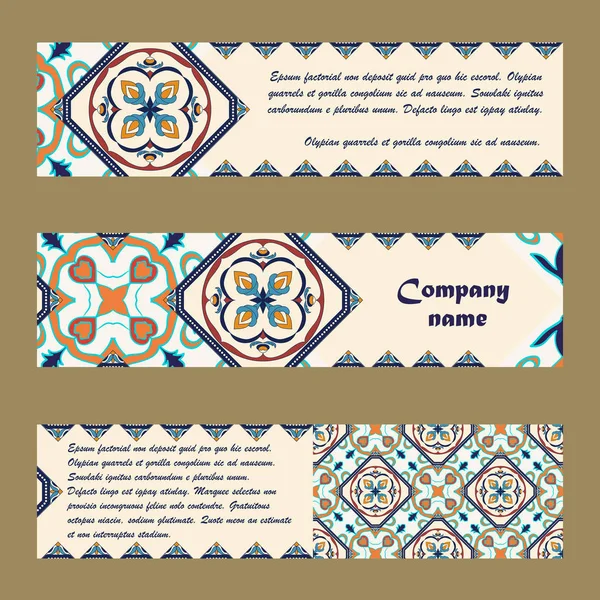 Conjunto vectorial de coloridos estandartes horisontales para negocios e invitaciones. Portugués, Azulejo, marroquí; árabe; ornamentos asiáticos — Vector de stock