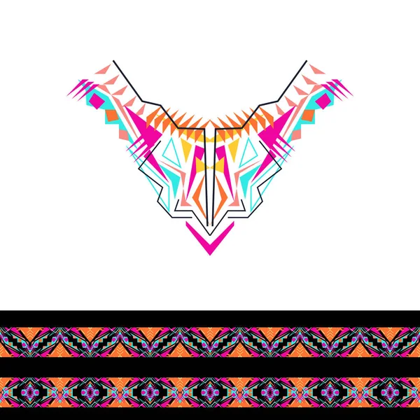 Vector neckline and borders design for fashion. Ethnic tribal neck print. Chest embellishment in boho style — Stock Vector