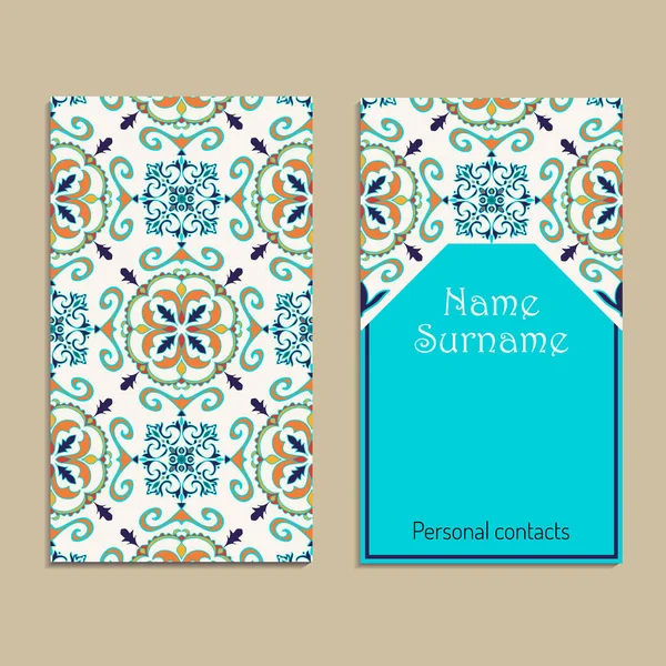 Vektor-Visitenkarten-Vorlage. portugiesisch, marokkanisch; azulejo; arabisch; asiatische Ornamente — Stockvektor