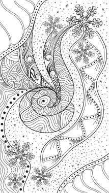 Vektör soyut kış zentangle. Siyah ve beyaz doodle kar taneleri ile