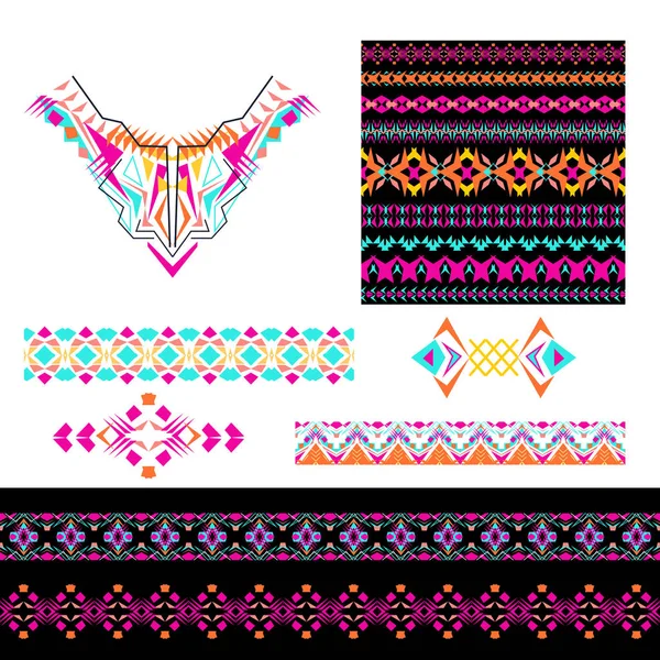 Vector uppsättning av dekorativa element för design och mode i etniska tribal stil. Ringning, sömlös, kantlinjer och mönster. Samling av mönsterpenslar inuti — Stock vektor