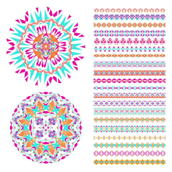 Vector set of geometric borders and mandalas in ethnic boho style. Collection of pattern brushes inside — Stock Vector