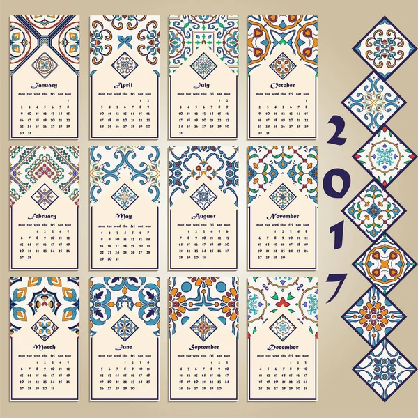 Vektör takvim 2017. Portekizce, Azulejo, Fas; İspanyolca; Arapça; Asya süsler — Stok Vektör