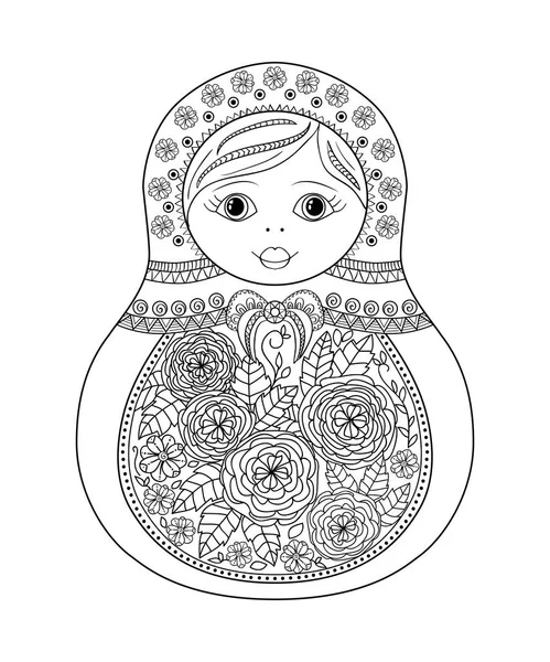 Vector libro para colorear para adultos y niños - muñeca matrioshka ruso. Enredo dibujado a mano con adornos florales y étnicos — Vector de stock