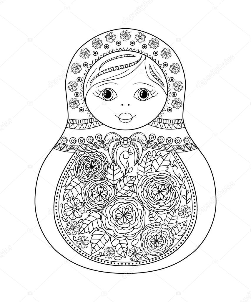Vector coloring book for adult and kids - russian matrioshka doll. Hand drawn zentangle with floral and ethnic ornaments