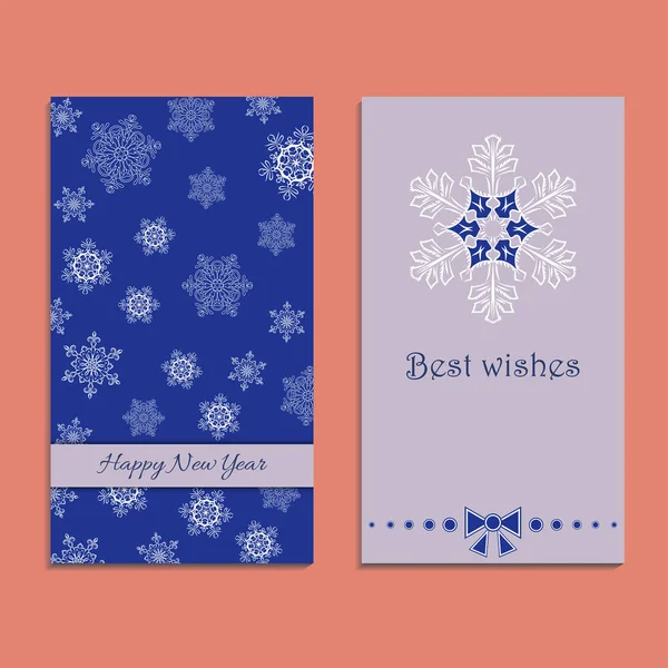 Vector greeting card to Xmas. Happy New Year. Cute congratulation's backgrounds with snowflakes, bow and text — Stock Vector