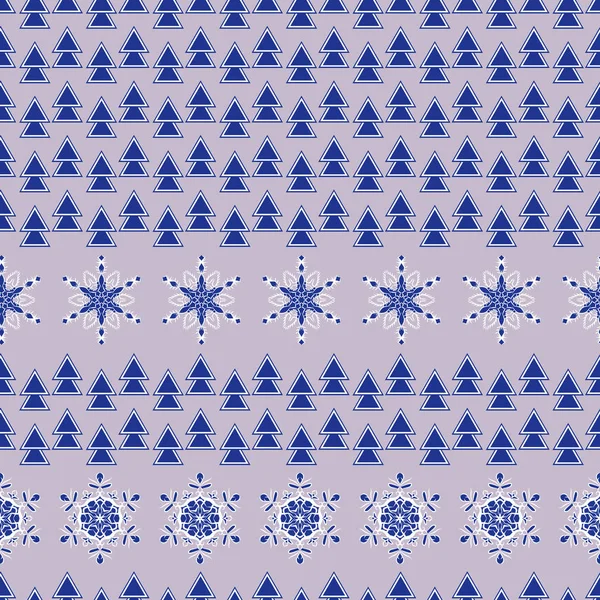 Texture vectorielle transparente. Motif avec des flocons de neige décoratifs stylisés et des arbres de Noël — Image vectorielle