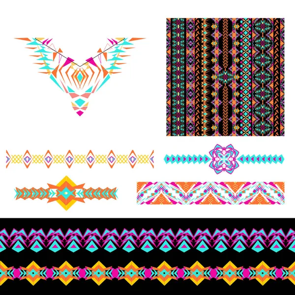 Conjunto vectorial de elementos decorativos para el diseño y la moda en estilo étnico tribal. Escote, sin costuras, bordes y patrones. Colección de cepillos de patrón en el interior — Vector de stock