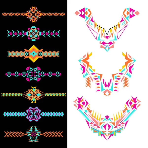 Conjunto vectorial de elementos decorativos para el diseño y la moda en estilo étnico tribal. Escote, bordes y patrones — Vector de stock