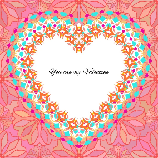 Векторный шаблон поздравительной открытки ко Дню Святого Валентина. Фон поздравления с романтическим узором, сердцем, текстом и этнической декоративной рамкой — стоковый вектор