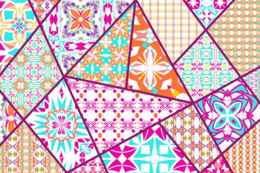 Vektör dekoratif arka plan. Mozaik patchwork desen tasarım ve moda için. Parlak bahar renkleri ile etnik geometrik süsler