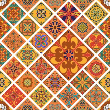 Vektör sorunsuz doku. Güzel mega patchwork desen tasarım ve moda rhombus dekoratif elemanları ile için