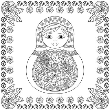 Vector coloring book for adult and kids - russian matrioshka doll. Hand drawn zentangle with floral and ethnic ornaments clipart