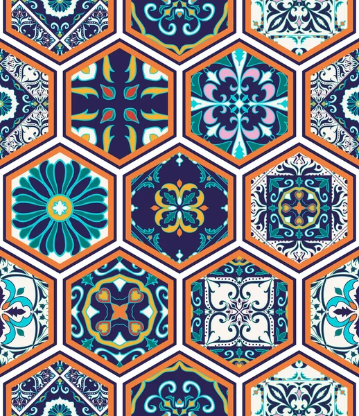 Vektor nahtlose Textur. schönes Mega-Patchwork-Muster für Design und Mode mit dekorativen Elementen im Sechseck — Stockvektor
