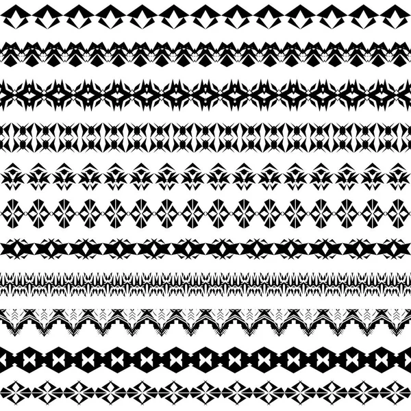 Vector uppsättning geometriska svarta kanter i etnisk stil. Samling av mönsterpenslar inuti — Stock vektor