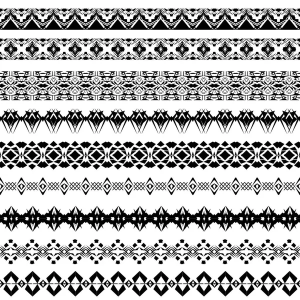 Conjunto vectorial de bordes negros geométricos en estilo étnico. Colección de cepillos de patrón en el interior — Vector de stock
