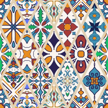 Vektör sorunsuz doku. Güzel mega patchwork desen tasarım ve moda rhombus dekoratif elemanları ile için