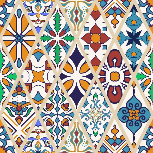 Vektör sorunsuz doku. Güzel mega patchwork desen tasarım ve moda rhombus dekoratif elemanları ile için