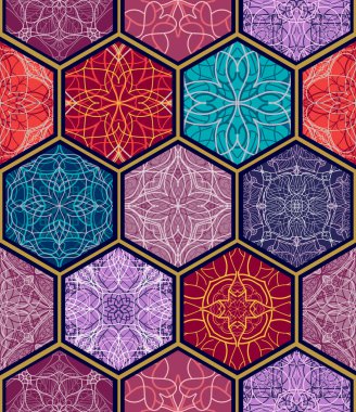 Vektör sorunsuz doku. Güzel mega patchwork mozaik desen tasarım ve moda ile altıgen şekillerde dekoratif öğeler için