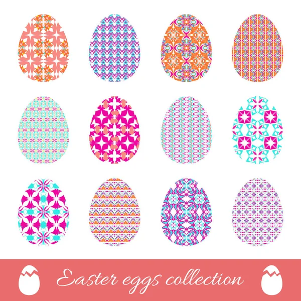 Conjunto de huevos de Pascua vector con adorno de primavera. Colección de elementos decorativos con patrones brillantes a la Pascua — Vector de stock