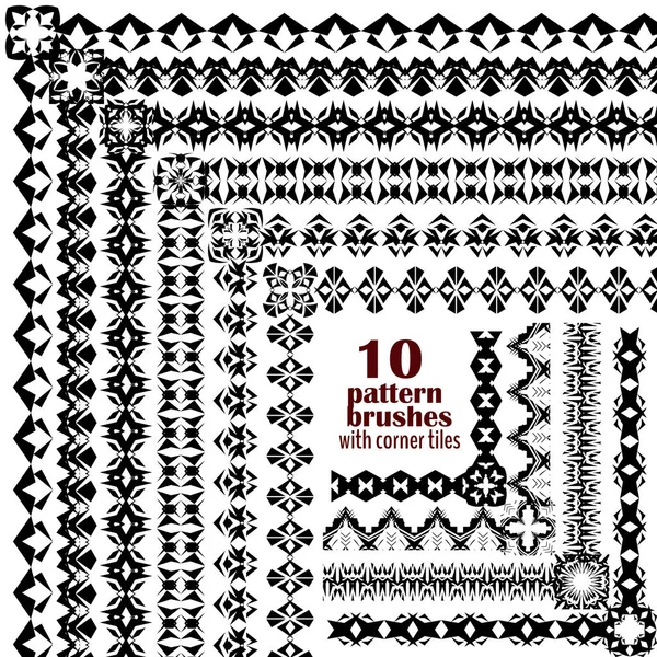 Vector set geometrische zwarte randen in etnische boho stijl. Collectie van patroon borstels met hoekelementen binnen — Stockvector