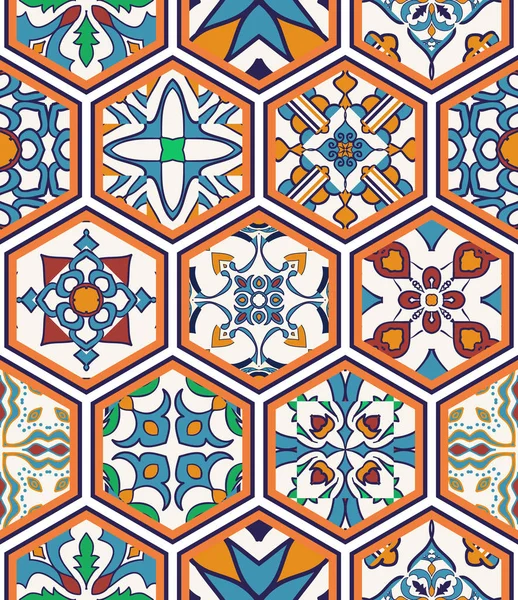 Textura sin costura vectorial. Hermoso patrón de mega patchwork para el diseño y la moda con elementos decorativos en hexágono — Vector de stock