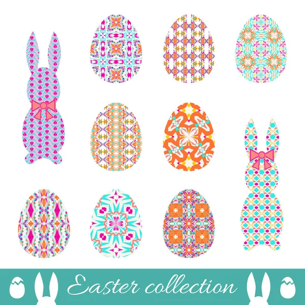 Conjunto de huevos de Pascua vector y conejos con adorno de primavera. Colección de elementos decorativos con patrones brillantes a la Pascua — Vector de stock