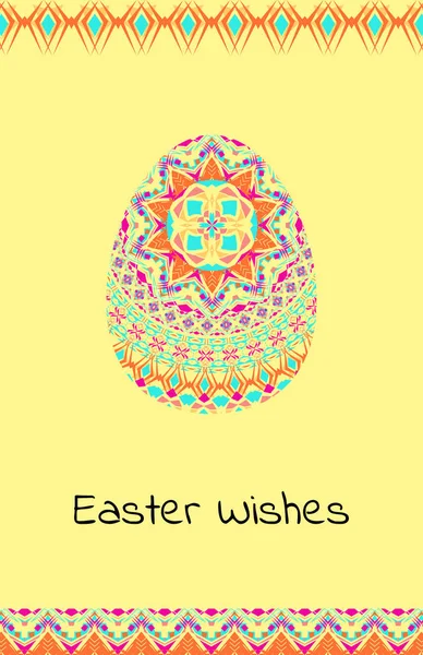 Vector Feliz Pascua fondo con huevo de Pascua, patrón mandalas y bordes geométricos tribales. Tema étnico — Vector de stock