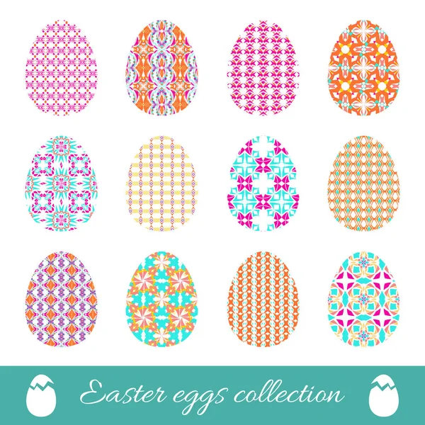 Conjunto de huevos de Pascua vector con adorno de primavera. Colección de elementos decorativos con patrones brillantes a la Pascua — Vector de stock